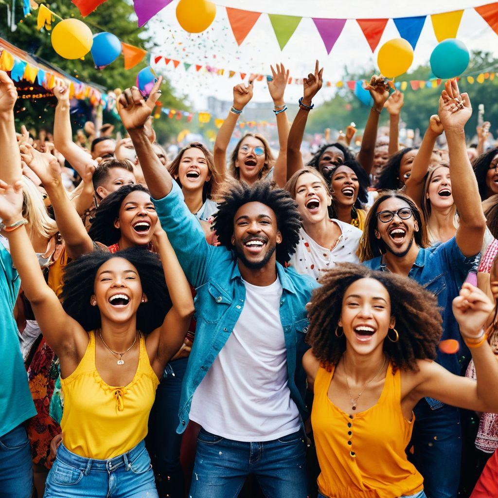 A vibrant scene depicting a group of diverse friends joyfully celebrating an outdoor festival, surrounded by colorful decorations and a stage with an engaging performer. The atmosphere should radiate excitement and happiness, with confetti falling and smiles all around, showcasing the essence of ecstatic entertainment. Bright colors and dynamic expressions should be highlighted to evoke a sense of joy. super-realistic. vibrant colors. outdoor festival setting.