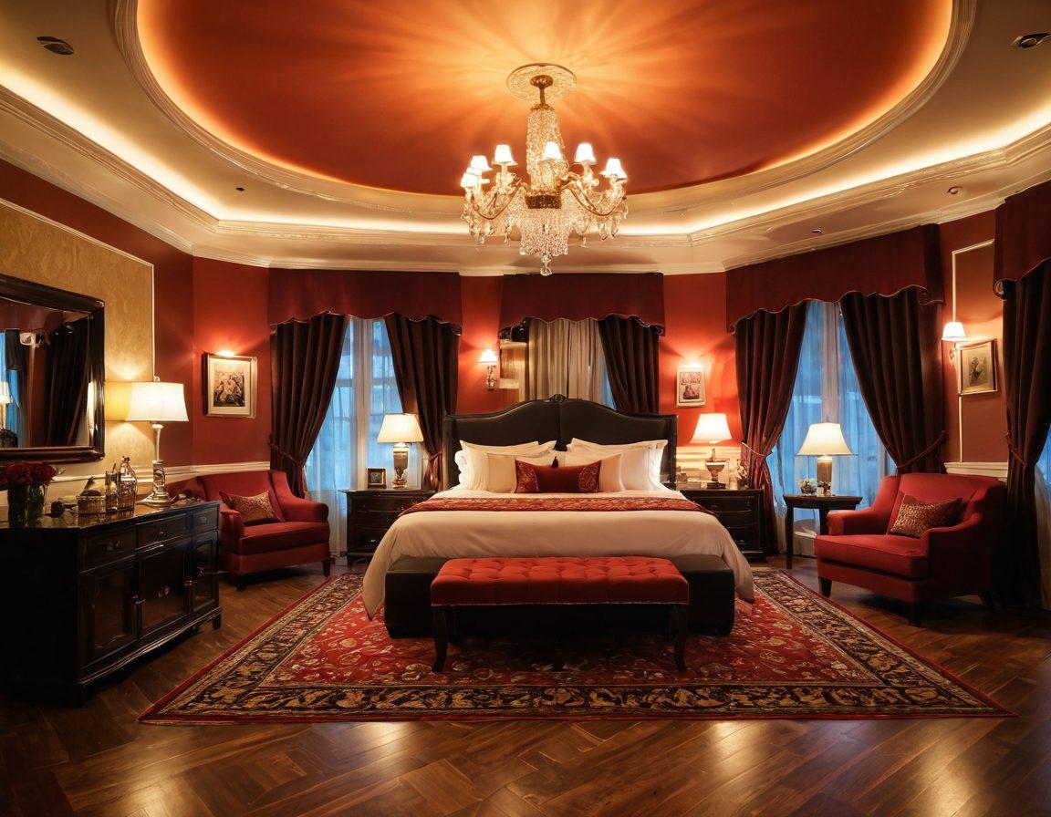 A sensual and inviting setting featuring a luxurious room adorned with plush fabrics, soft lighting, and elegant decor that exudes opulence. Highlight a tasteful display of adult-themed art and premium entertainment elements, with a silhouette of a couple enjoying a moment of joy and intimacy. The atmosphere should radiate warmth and ecstasy, inviting the viewer to explore. super-realistic. vibrant colors. intimate ambiance.